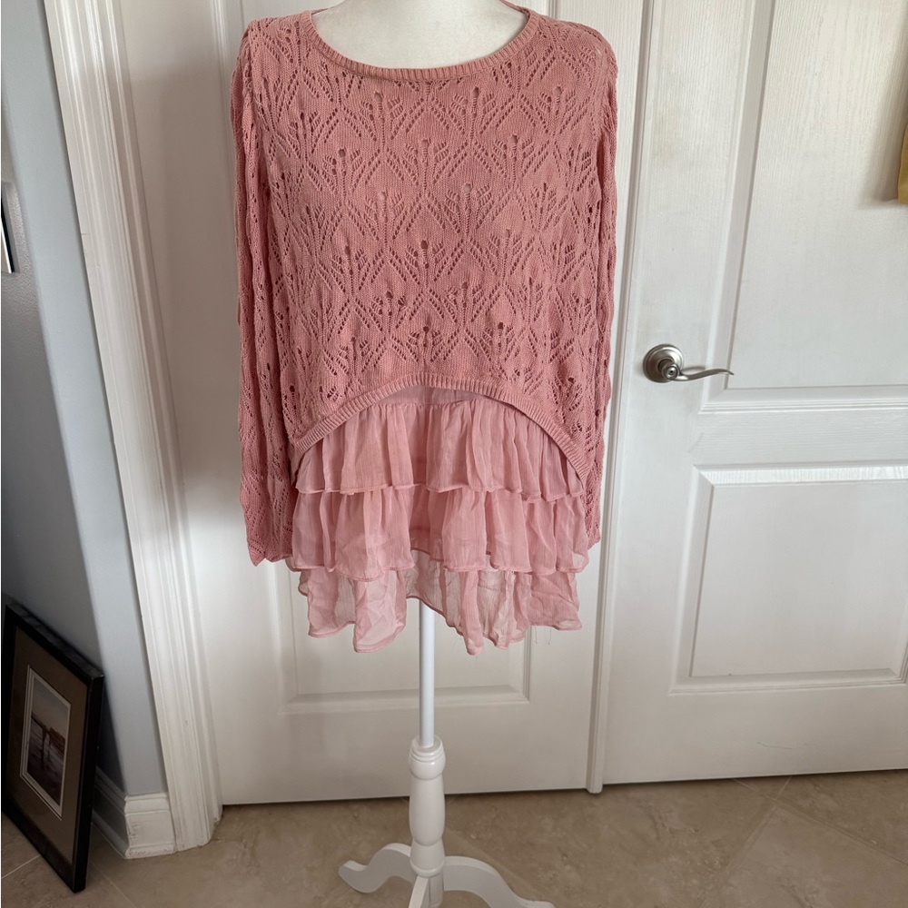 Elegant Pink Layered Women's Sweater Blouse